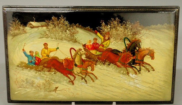 Russian lacquerware plaque decorated with a horse: Russian lacquerware plaque decorated with a horse and sledding scene, signed and dated 1988. 16.25"x9.5