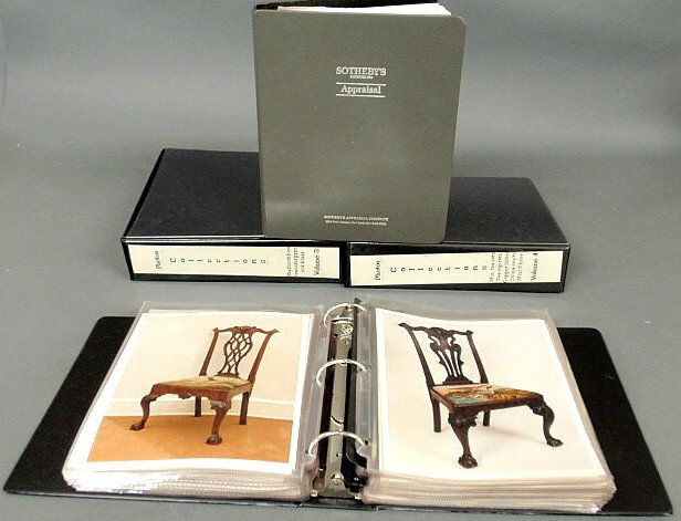 Three ring-binders of antique furniture and acces: Three ring-binders of antique furniture and accessories in the du Pont home, "Foxcatcher Farm", Newtown Square, PA and a Sotheby's insurance appraisal dated 1989.