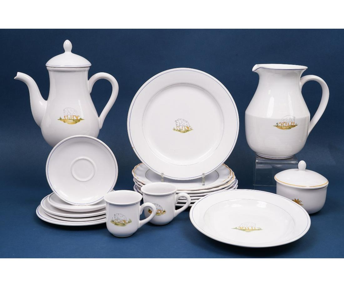 PIERRE DEUX SHEEP TABLEWARE: Pierre Deux Atelier Segries Moustiers France, 18 pieces of sheep/lamb tableware include various size plates, platters, teapot etc.Teapot: 11.5"h