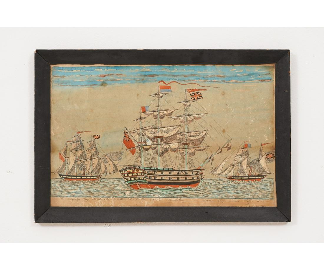 SHIP WATERCOLOR: Watercolor titled "Her Majesty's Sloop Rattlesnake Fitted for the New Arctic Expedition" drawn by James Heffer 1853. 12.75" x 20.25" ss / 15.5" x 23"oa