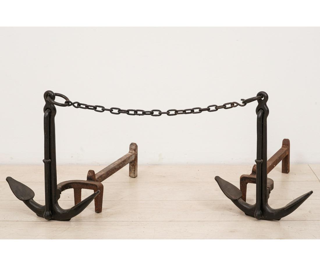 PAIR NAUTICAL ANDIRONS: Pair of cast iron nautical anchor andirons. 16"h x 13"w x 21"d