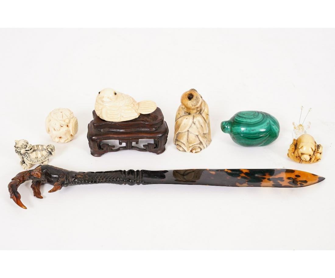 CHINESE SNUFF BOTTLE etc.: Chinese bone carved figural snuff bottle and other figures to include a claw letter opener (broken), 11"l, etc.