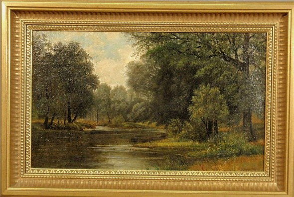 Sonntag, Sr., William Louis [American, Ohio/New Y: Sonntag, Sr., William Louis [American, Ohio/New York, 1822-1900] oil on canvas summer landscape painting with tree lined stream signed l.r. “W.L. Sonntag”. 11.5”x19.25”