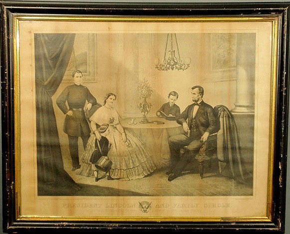 Large framed and colored print of President Linco: Large framed and colored print of President Lincoln and Family Circle, c.1866, published by John Smith, 710 Sansom Street, Philadelphia. As found. 21.25”x27.25”
