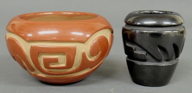 Pueblo Indian pottery jar signed “Mary Cain, Sant: Pueblo Indian pottery jar signed “Mary Cain, Santa Clara, Pueblo” 4”h. and a black pottery jar signed “Lee & Linda Tafoya, Santa Clara, Pueblo” 4.5”h.