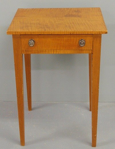 Hepplewhite tiger maple one-drawer stand, c.1800,: Hepplewhite tiger maple one-drawer stand, c.1800, with square tapered legs. 29”h., top 19.75”x16.5”