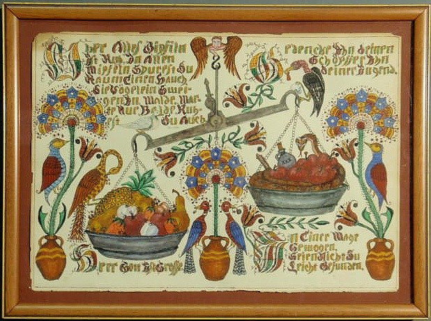 Framed colorful fraktur with verse, birds and pot: Framed colorful fraktur with verse, birds and potted flowers signed “Bill Rank”. 13”x18.5”