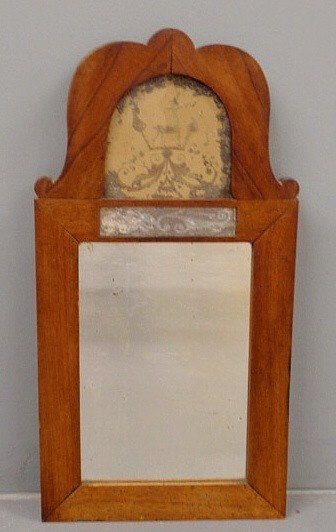 Continental Queen Anne mirror with reverse paint: Continental Queen Anne mirror with reverse paint decorated glass panel with a stag. 21.25”x11”