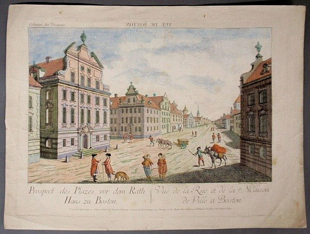 Hand-colored map, c.1775, “Vue de Boston”, Grave : Hand-colored map, c.1775, “Vue de Boston”, Grave par Francois Xau Habermann. 14.25”x19”