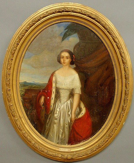French oval oil on canvas portrait of a standing: French oval oil on canvas portrait of a standing young woman wearing a white dress and ermine trimmed scarlet wrap, c.1860, and the ornate gilt frame bearing a plaque indicating the artist as Anton Ei