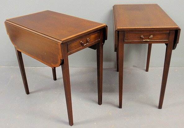 Pair of Hepplewhite inlaid mahogany drop-leaf sid: Pair of Hepplewhite inlaid mahogany drop-leaf side tables. 27”h.x16.5”w.x26”d., each leaf 8”