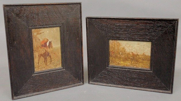 Two English oil on panel paintings of foxhunters,: Two English oil on panel paintings of foxhunters, c.1900. 5.25”x3.5” & 3.5”x5.25”