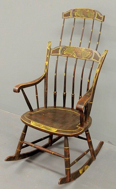 Delicate New England comb-back Windsor rocker, ea: Delicate New England comb-back Windsor rocker, early 19th c., with original paint decoration. 42.5”h.x21”w.x21”d., seat 15.5”h.