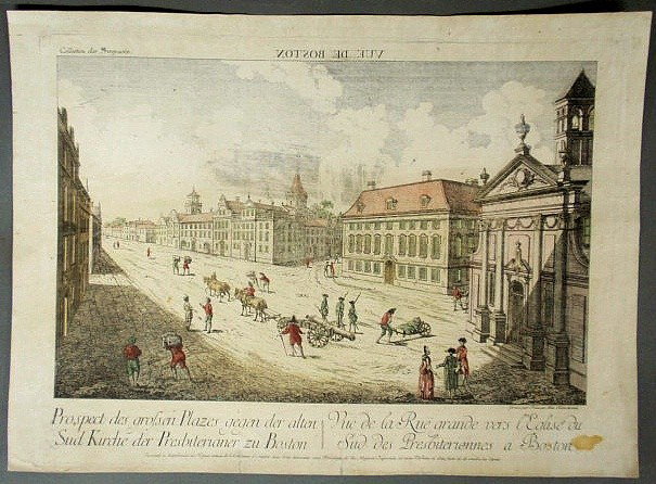 Hand-colored map “Vue de Boston”, c.1775, Grave p: Hand-colored map “Vue de Boston”, c.1775, Grave par Francis Xau Habemann. 13.25”x18.25”