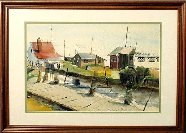 Bye (DeBayeaux), Ranulph [American, Pennsylvania/: Bye (DeBayeaux), Ranulph [American, Pennsylvania/New York, 1916-2003] watercolor painting of a wharf and fishing shacks, probably Maine, signed l.r. “Ranulph Bye ‘61”. 11.25”x17”