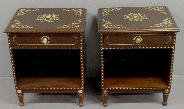 Pair of Anglo/Indian one-drawer nightstands with: Pair of Anglo/Indian one-drawer nightstands with extensive inlay. 24”h.x20”w.x16”d.