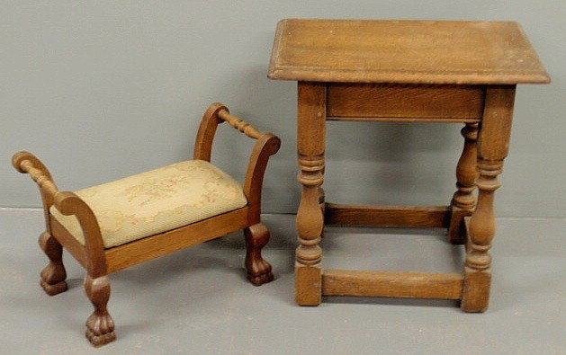 Jacobean style oak joint stool 18.5”h., top 17.5”: Jacobean style oak joint stool 18.5”h., top 17.5”x10.5” tog. w/a small mahogany footstool 11.5”h.