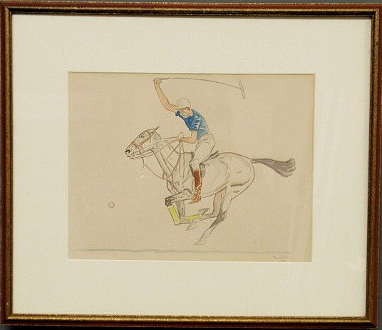 Brown, Paul Desmond [American/New York, 1893-1958: Brown, Paul Desmond [American/New York, 1893-1958] watercolor of a polo pony and rider signed l.r. “Paul Brown ‘38” with inscription verso “Back shot by Winston Guest- ball was coming diagonal