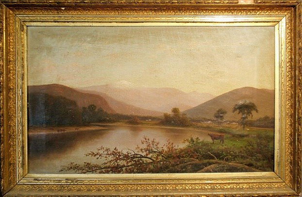 Fine oil on canvas river landscape painting, c.1: Fine oil on canvas river landscape painting, c.1860, Hudson River School, possibly the Susquehanna River, Pennsylvania. With cows along the banks and fallen trees and mounted in its original gilt gess