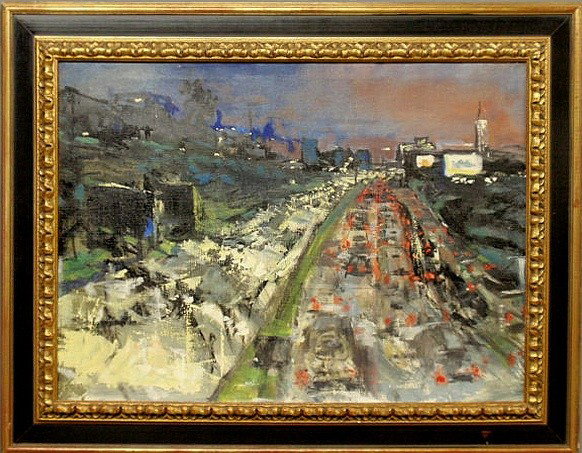 Sicard, Pierre [French, 1900-1980] oil on canvas : Sicard, Pierre [French, 1900-1980] oil on canvas painting of a street scene titled verso “Hollywood Freeway” by Pierre Sicard. 19”x26.5”