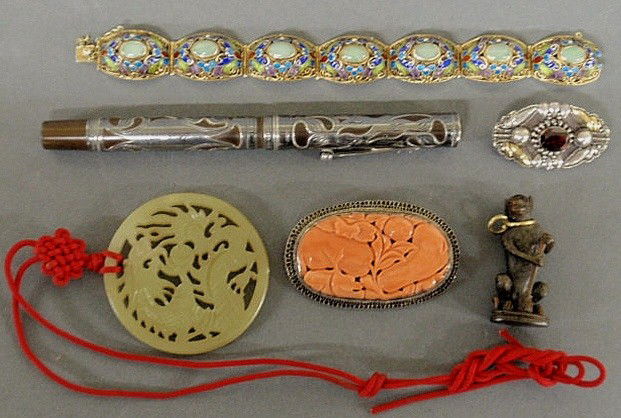 Misc. grouping to include: a sterling silver over: Misc. grouping to include: a sterling silver overlay fountain pen marked “Waterman’s Ideal Fountain Pen” and “Sterling”. 5.25”l., Chinese coral and silver brooch 2.5”w., bracelet 7”l.,