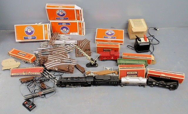 Lionel train set, c.1950, with locomotive #2055,: Lionel train set, c.1950, with locomotive #2055, cars- some with original boxes, track, etc. (some accessories of a more contemporary date).
