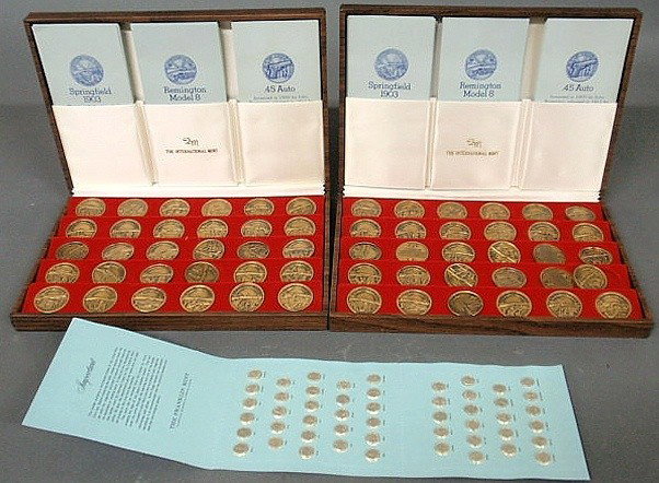 Two solid bronze commemorative sets National Rifl: Two solid bronze commemorative sets National Rifle Assoc., International mint and a Franklin mint set of sterling silver mini coins States of the Union