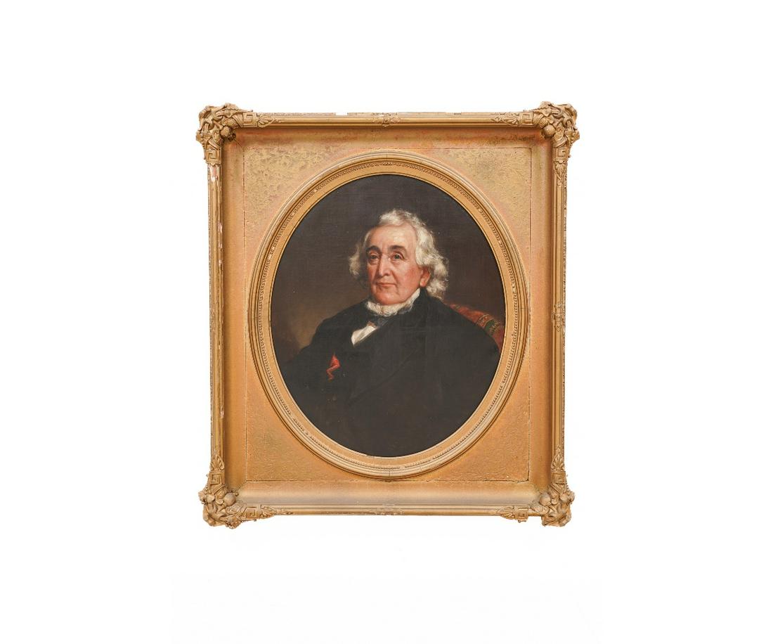 OIL ON CANVAS PORTRAIT: American oil on canvas oval portrait of an elderly gentleman with white hair and beard, circa 1860. 29.5" x 24.5" ss / 42.5" x 37.5" oa