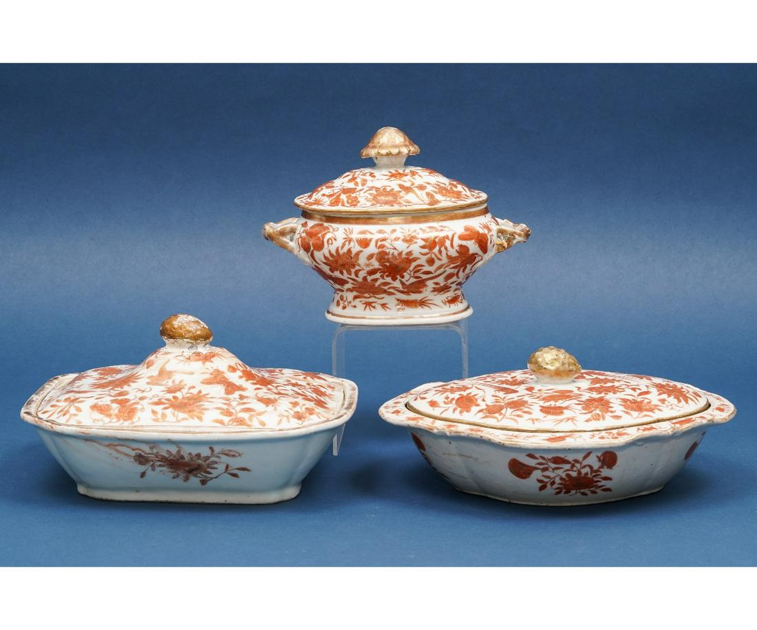 CHINESE PORCELAIN TABLEWARE: Chinese porcelain tableware in the orange peel pattern to include two vegetable dishes and sauce tureen. Largest piece: 6"h x 9"l x 8"w