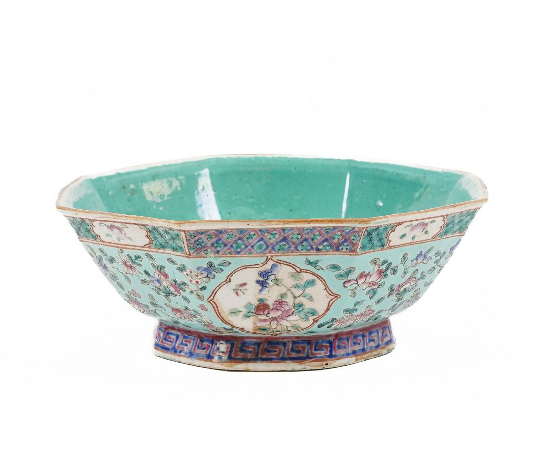 CHINESE PORCELAIN BOWL: Chinese porcelain octagonal shaped bowl, 19th c., with floral patterns and blue/green interior. 4.25"h x 11.25"dia