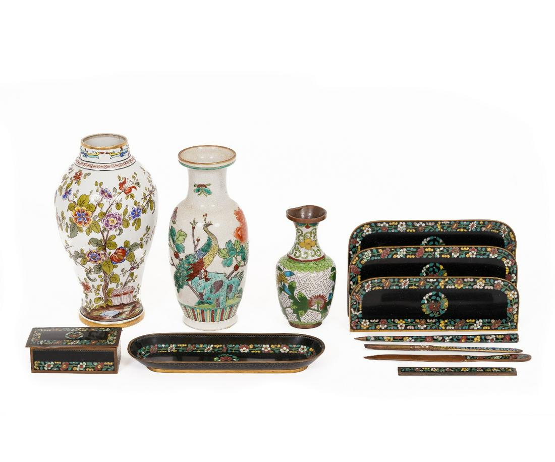 CLOISONNE DESK SET: Cloisonne enameled letter holder, stamp box, pen tray, pens and three vases. Tallest vase: 8.5"h x 4.5"dia