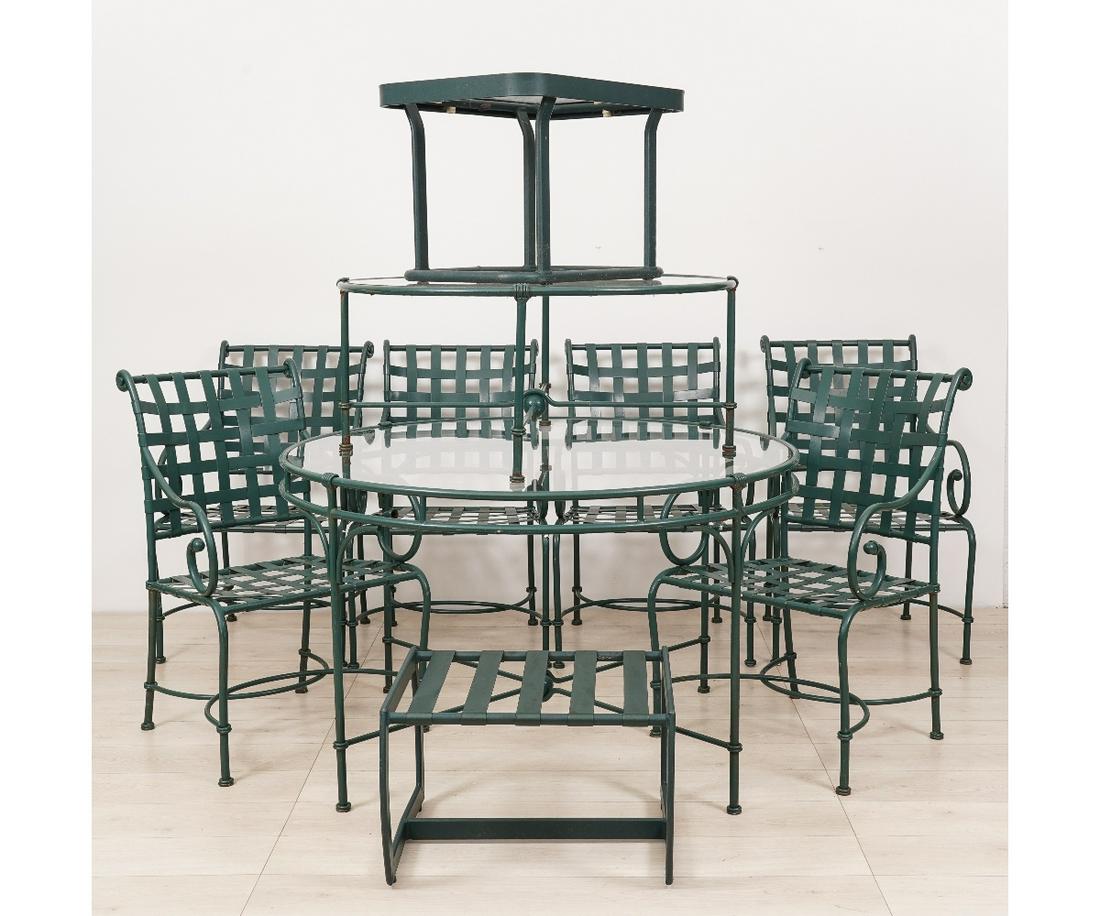 BROWN JORDAN STYLE OUTDOOR FURNITURE: Set of green metal Brown Jordan style outdoor furniture set to include a large round table, 6 chairs and a round coffee table, etc. Table: 29"h x 48.5"dia / Chairs: 36"h x 22"w x 18"d / 16" SH