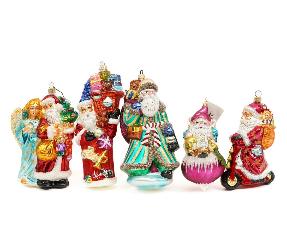 CHRISTOPHER RADKO ORNAMENTS: Five large Christopher Radko Santa ornaments to include a "Vintage Saffire Santa", etc. Approx 6"h