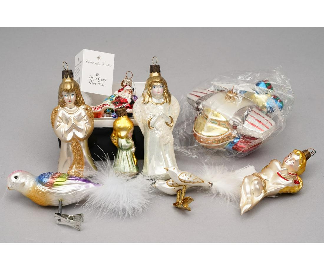 CHRISTOPHER RADKO ORNAMENTS: Christopher Radko ornaments from the "Little Gems" Collection to include 4 angels (largest 5.5"); colorful bird with clip and feathers; 2 doves with feather tails and clip; "Millennium Blast-Off"; tog