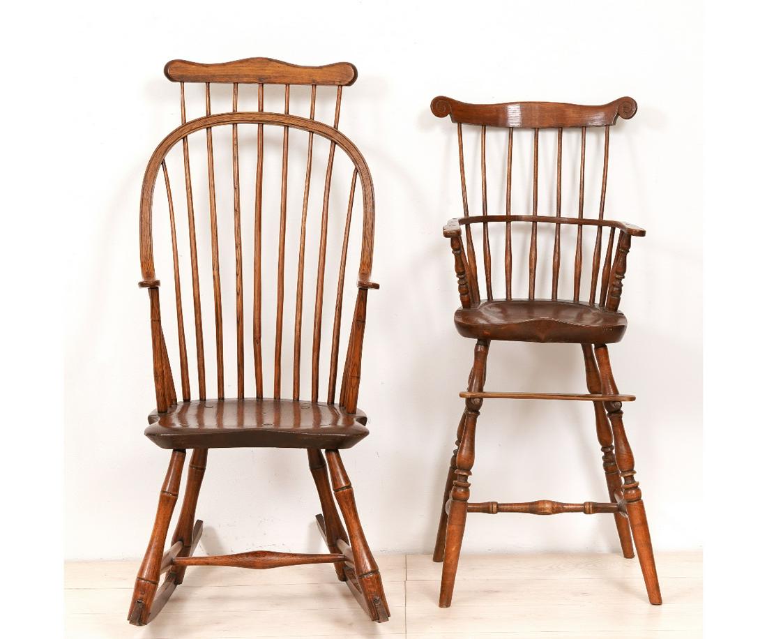 CHILDS WINDSOR HIGH CHAIR etc.: Child's Windsor maple high chair, 19th c.; together with a nine-spindle Windsor rocker. High chair: 36.75"h x 15.5"w x 14"d / 22" seat height