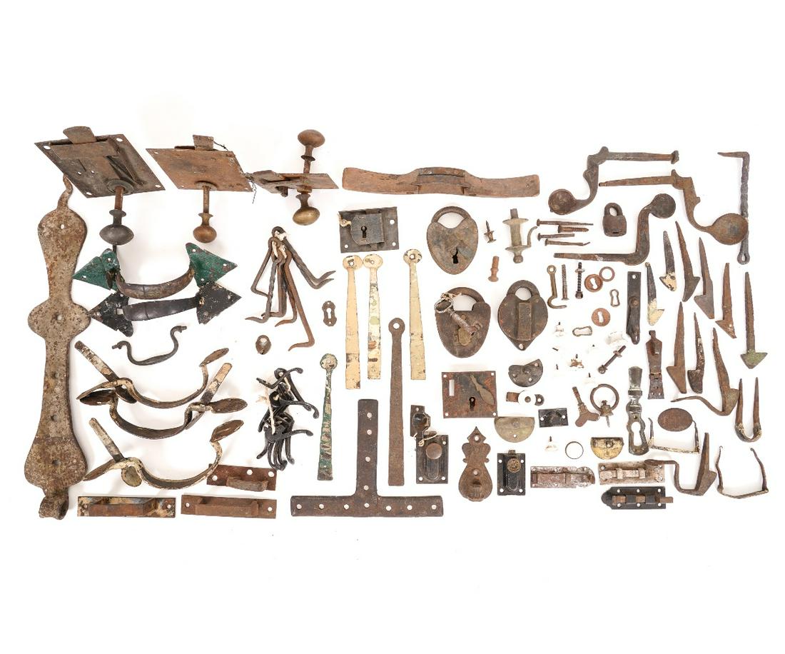 EARLY IRONWARE: Early wrought iron ironware, 18/19th c., to include locks, thumb latches, jamb hooks, early padlocks, rattail strap hinge etc. Strap hinge: 17"l