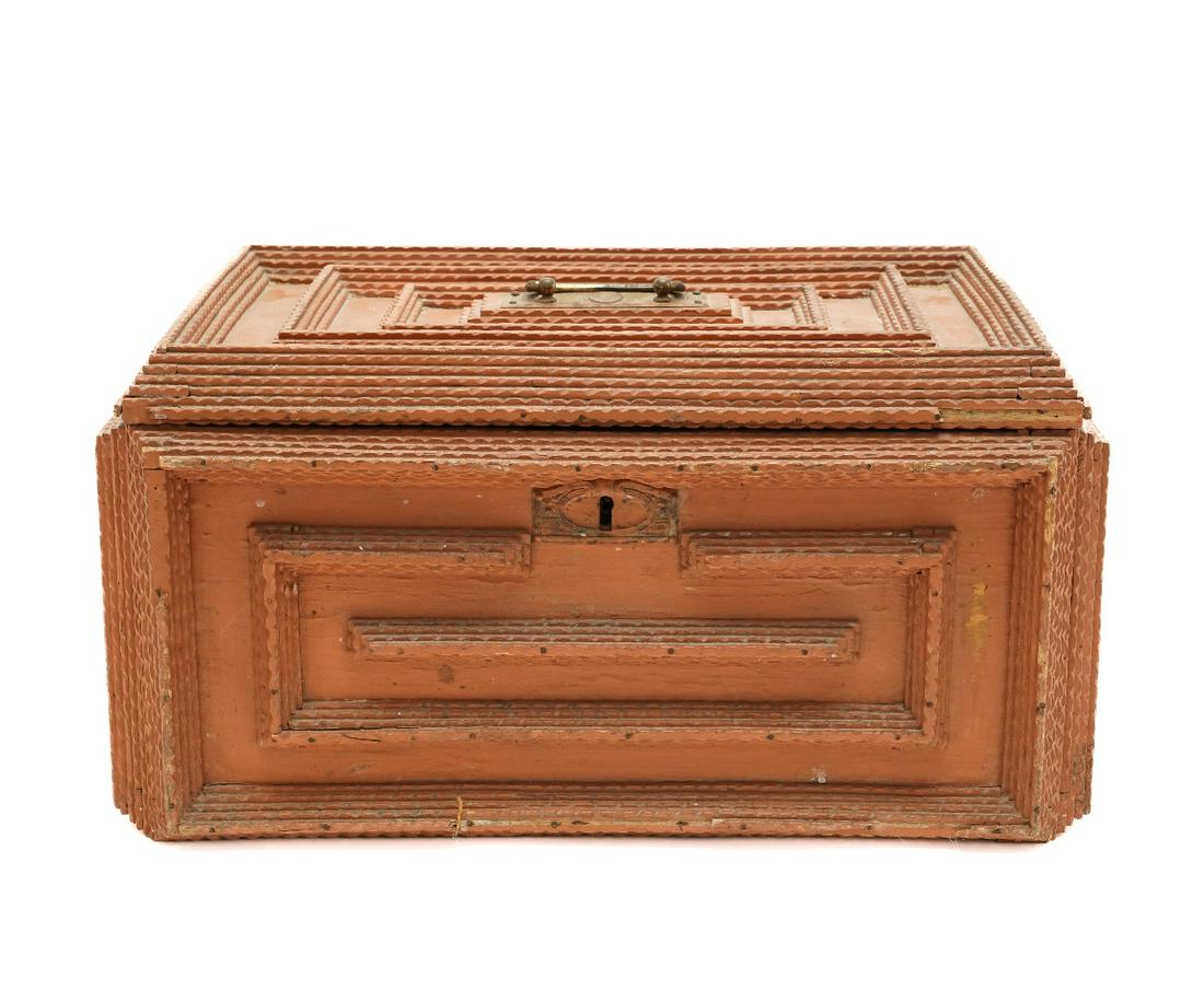 TRAMP ART BOX: Early chip carved Tramp Art storage box with wall paper interior. 9.5"h x 16.5"w x 11"d