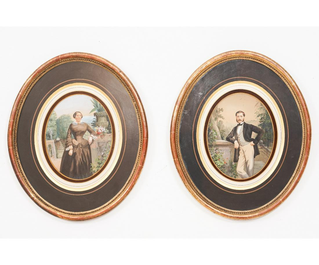 PAIR OVAL PORTRAITS: Framed and matted oval watercolor portraits, circa 1850, of a husband and wife, signed verso "Mr. Joseph Sarrigan" and "? Caroline Sarragin". 9.75" x 7.5" ss / 19.25" x 16" oa