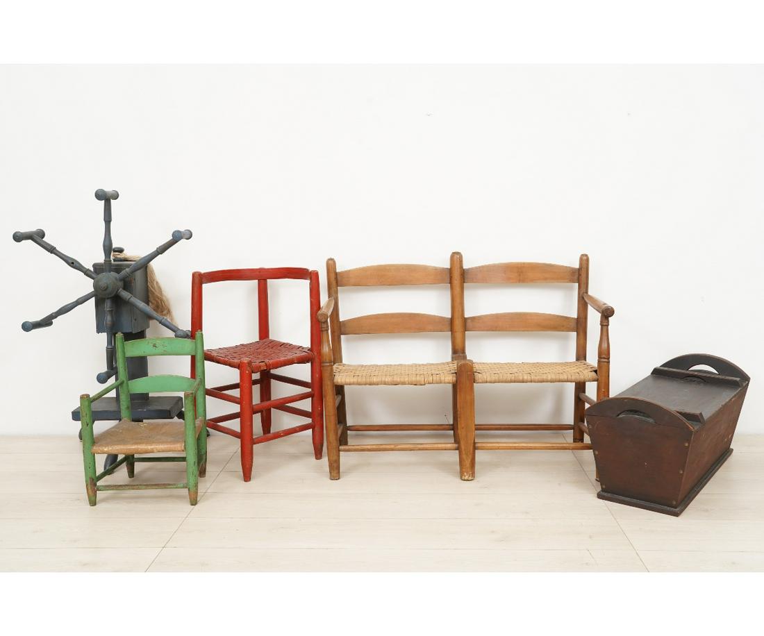 WOOL WINDER AND CHAIRS: Wool winder (37"h), two painted chairs, splint seat primitive settee (36.5"l) and a dough box, all 19th c.