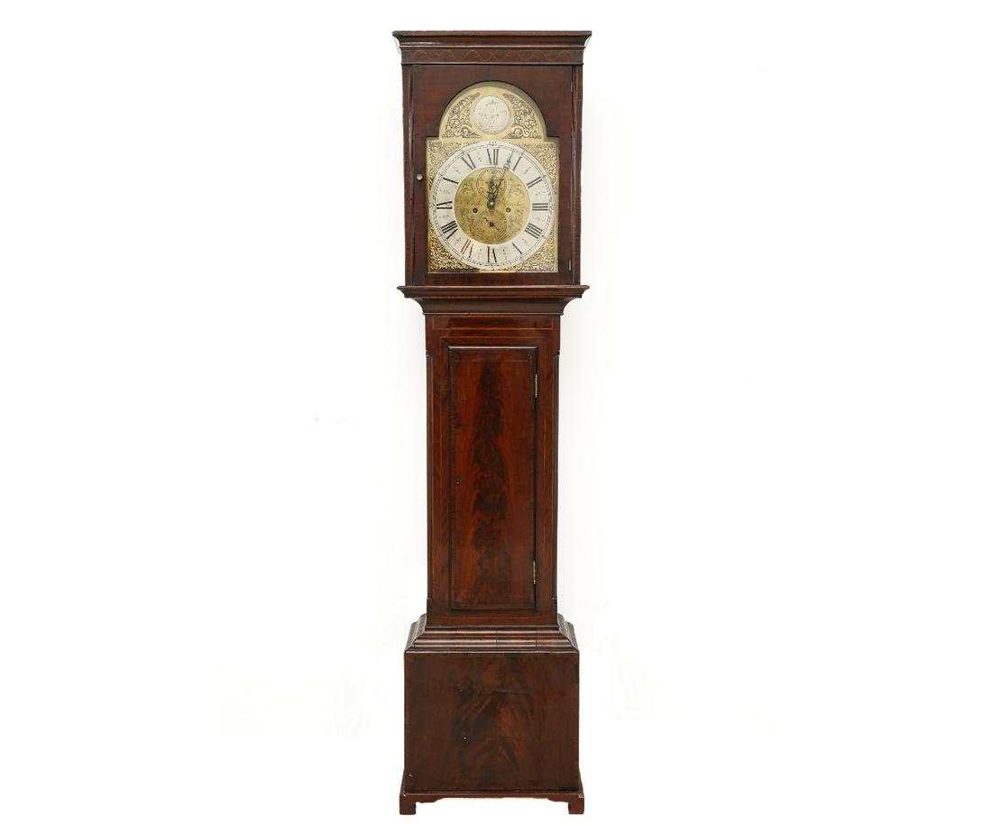 GEORGIAN TALL CASE CLOCK: Scottish Georgian mahogany inlaid tall case clock with brass dial, signed W. Hunter Dunfermline" with 8-day works and Roman numerals. 82"h x 20"w x 7"d