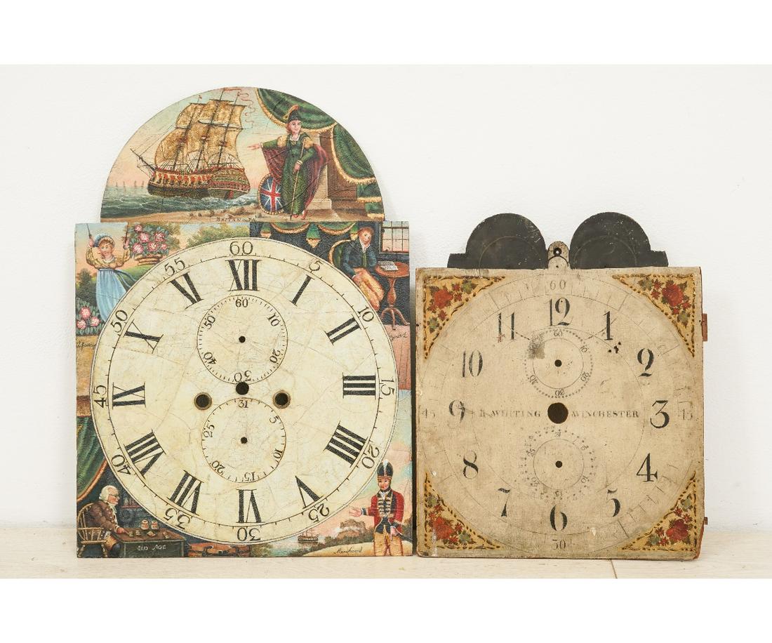 TWO CLOCK DIALS: Two clock dials the largest a painted dial of Britannia, early 19th c., repainted; together with a wood painted dial "R. Waiting". Largest: 20"h x 14.25"w