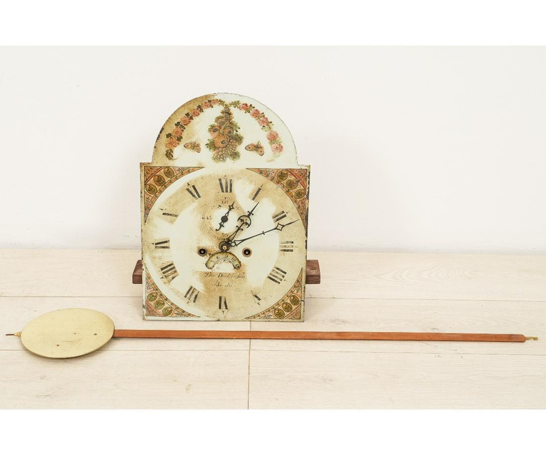 ENGLISH TALL CASE CLOCK MOVEMENT: English tall case clock movement with 8-day works, calendar wheel, dial signed "Tho. Dickinson, Boston" 17"h x 12"w