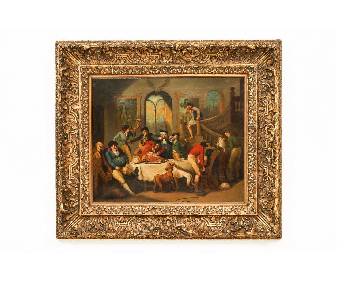 LARGE OIL ON CANVAS: Large oil on canvas of an English interior scene with colorful figures eating a large rib roast, 19th c., mounted in an ornate gilt frame.28.25" x 23.25" ss / 42" x 37" oa
