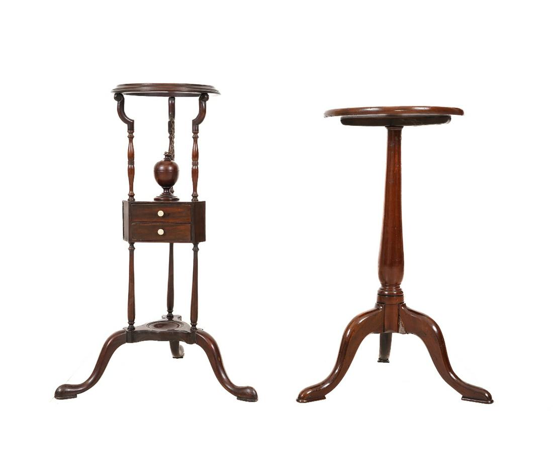 PENNSYLVANIA QUEEN ANNE CANDLESTAND: Pennsylvania Queen Anne walnut candlestand, circa 1760, with metal spider base; together with a Victorian wash stand with covered bowl for soap and two small drawers. 31.5"h x 16"dia