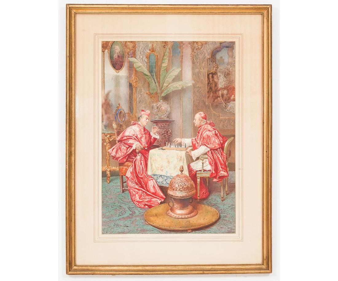 UMBERTO CACCIARELLI WATERCOLOR: Umberto Cacciarelli (1880-1910, Italy) watercolor/gouache of the Pope and a Cardinal playing chess, titled "Check-Mate", signed lower left. 21" x 14.5" ss / 29.25" x 22.25" oa