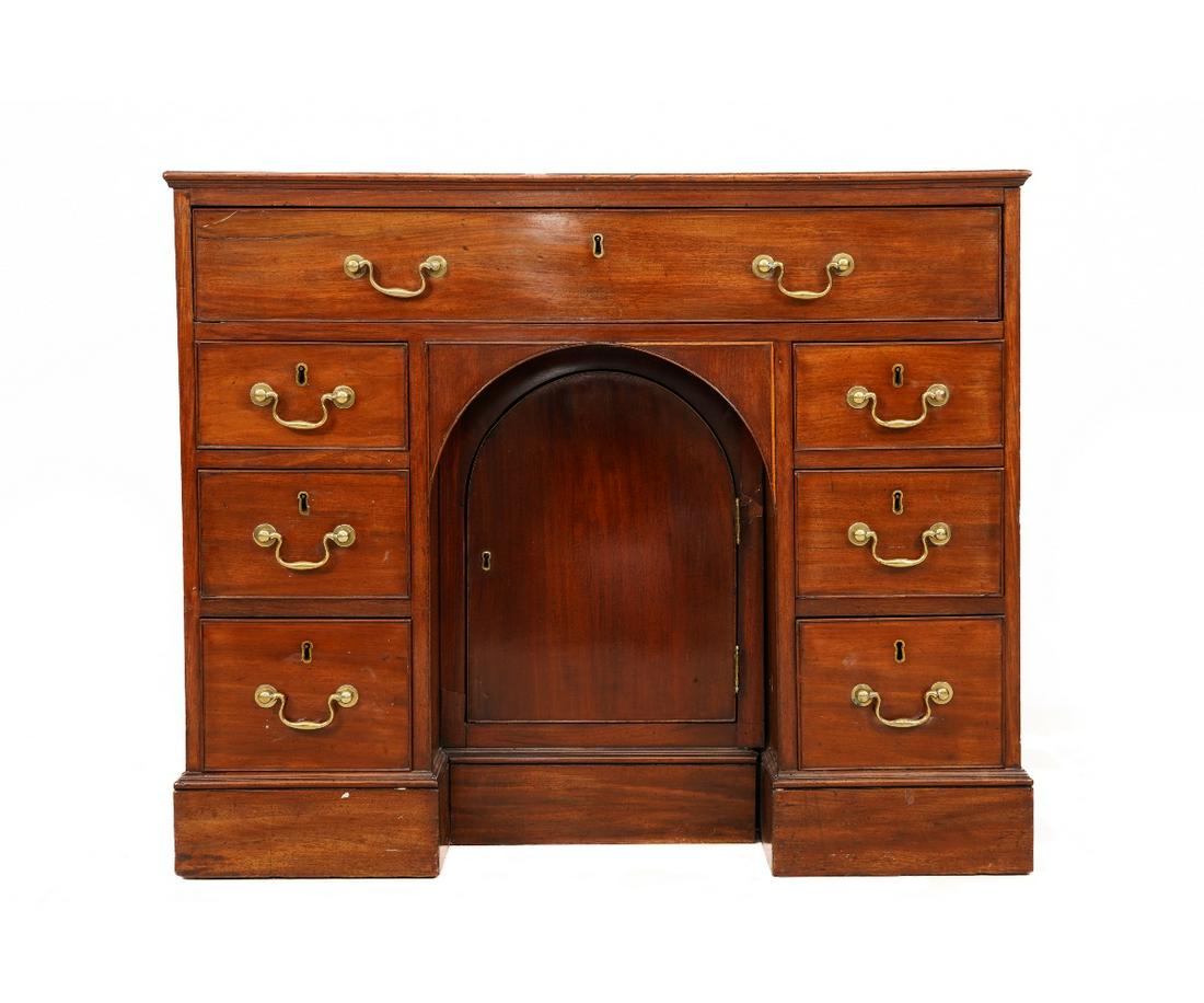 GEORGIAN DRESSING TABLE/DESK: Georgian mahogany dressing table/desk with baize writing surface, sliding back to a fully fitted interior, circa 1780. 31.75"h x 38.25"w x 22"d