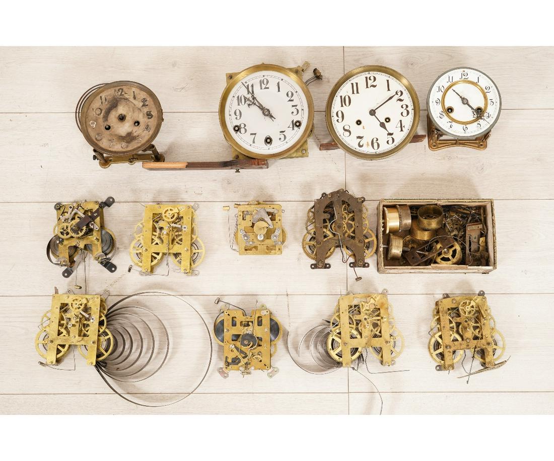 BRASS MANTEL CLOCK WORKS: Collection of brass mantel clock works. Wood face: 7.25"dia