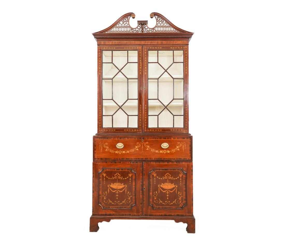 BUTLER'S SECRETARY: Late George III mahogany inlaid butler's secretary with pigeon holed and document drawered interior, two pieces. 91"h x 42"w x 18"d