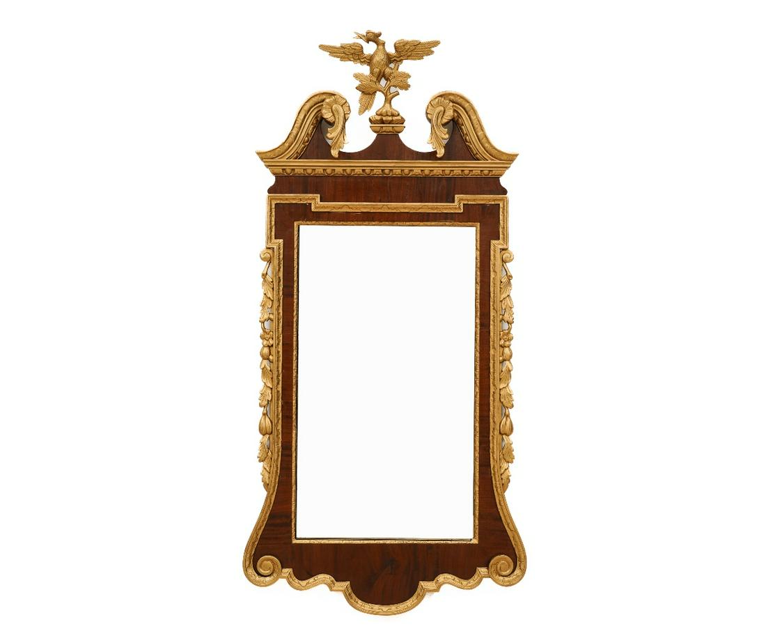 GEORGIAN STYLE CENTENNIAL MIRROR: Georgian style mahogany centennial mirror with gilt carved phoenix crest. 51"h x 25"w
