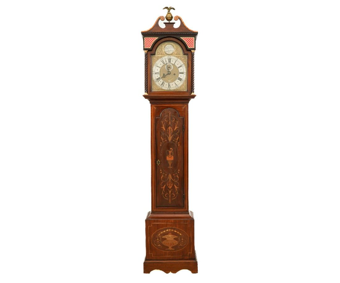 ENGLISH TALL CASE CLOCK: English mahogany tall case clock, 18th c., inlaid case, 8-day works, brass dial and pewter chapter ring signed "Rick Duck, Ipswich".